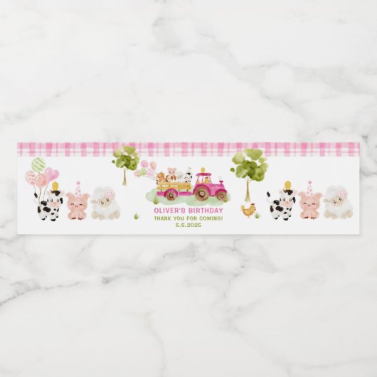 Roze boerenerf Boerderijdieren verjaardagsfeestje Waterfles Etiket (Enkel label)