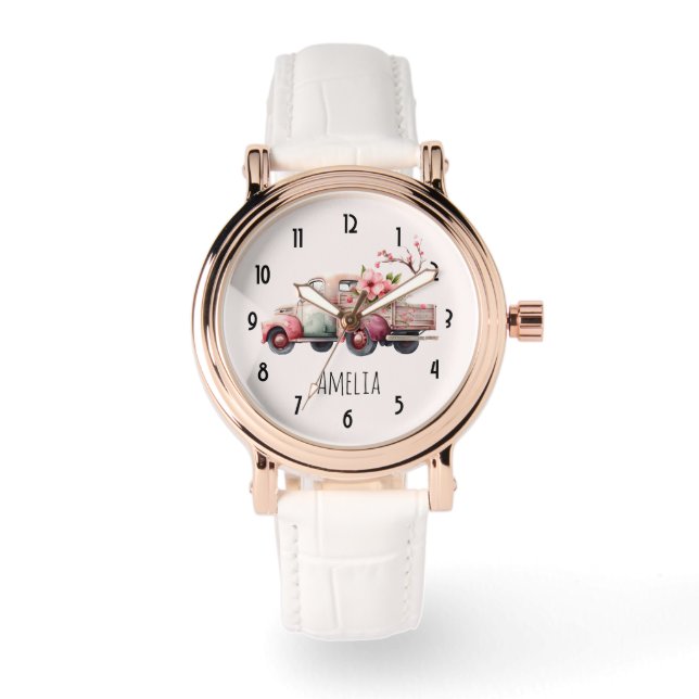 Roze  Boerenwagen Horloge (Voorkant)