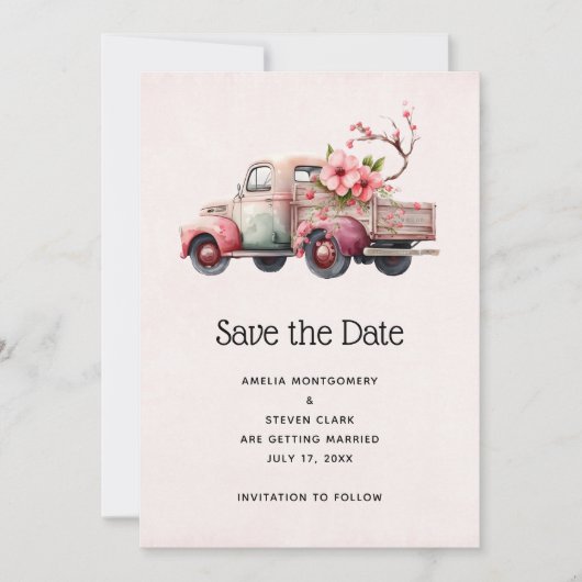 Roze Boer's Truck Bruiloft Save The Date (Voorkant)