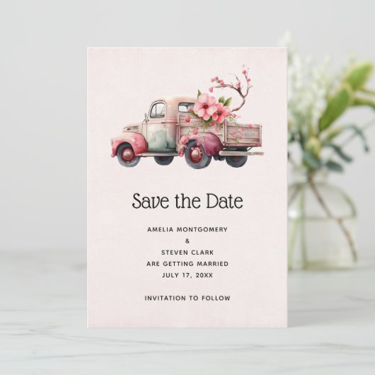 Roze  Boer's Truck Bruiloft Save The Date (Staand voorkant)