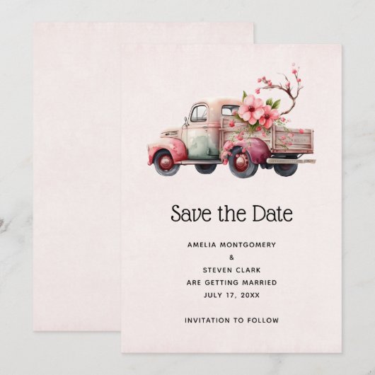 Roze Boer's Truck Bruiloft Save The Date (Voorkant / Achterkant)