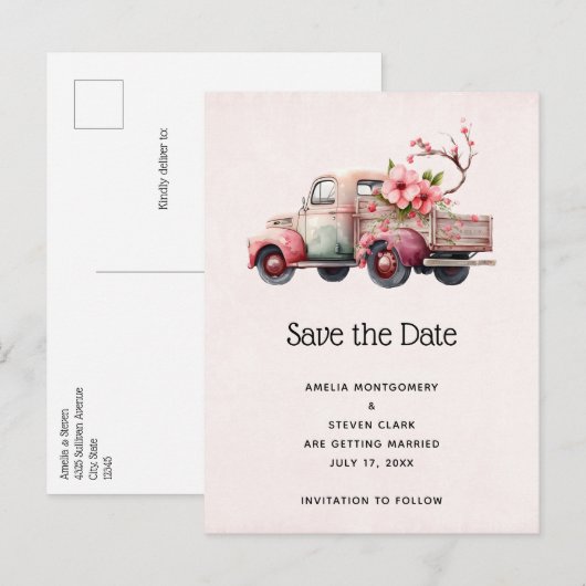 Roze  Boer's Truck Bruiloft Save the Date Aankondigingskaart (Voorkant / Achterkant)