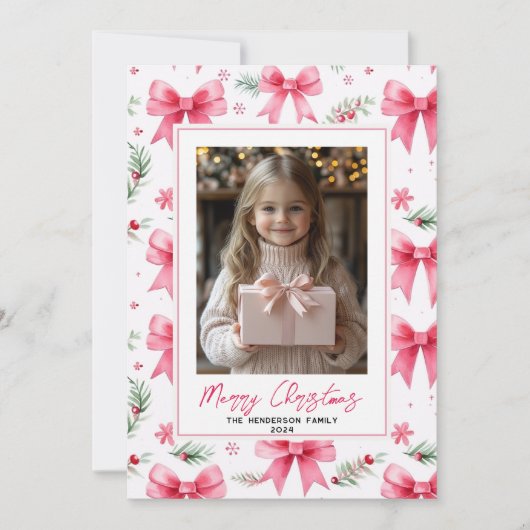 Roze Bogen Aangepaste Kerstfoto & Naam Feestdagenkaart (Voorkant)