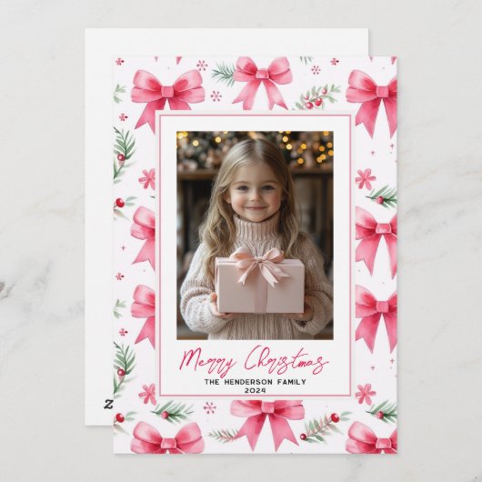 Roze Bogen Aangepaste Kerstfoto & Naam Feestdagenkaart (Voorkant / Achterkant)