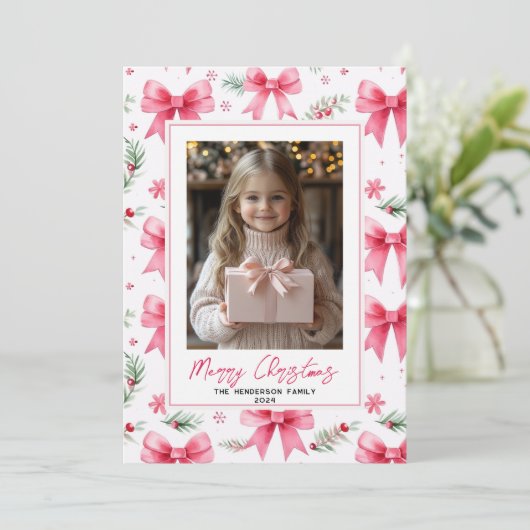 Roze Bogen Aangepaste Kerstfoto & Naam Feestdagenkaart (Staand voorkant)