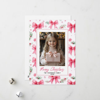 Roze Bogen Aangepaste Kerstfoto & Naam Feestdagenkaart