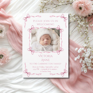 Roze Bogen Baby Meisje Foto Geboorteaankondiging K Aankondiging
