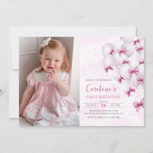 Roze Bogen Ballonnen Verjaardag foto uitnodiging (Voorkant)