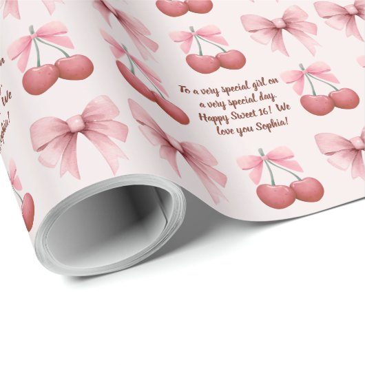 Roze Bogen en Kersen Coquette Naam Verjaardag Cadeaupapier (Rol Hoek)