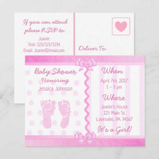 Roze Bogen en Polka Dots Baby shower Uitnodiging (Voorkant / Achterkant)