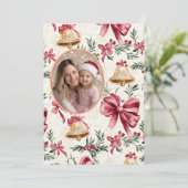 Roze Bogen Gouden Bellen Foto Kerst Kaart (Staand voorkant)