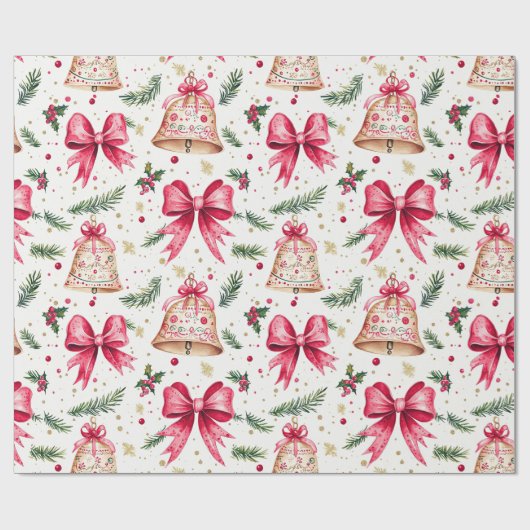Roze Bogen Gouden Bellen Kerstmis Cadeaupapier (Vlak)