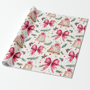 Roze Bogen Gouden Bellen Kerstmis Cadeaupapier