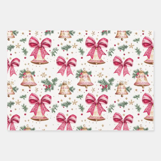 Roze Bogen Gouden Bellen Kerstmis Inpakpapier Vel (Voorkant 2)