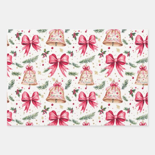 Roze Bogen Gouden Bellen Kerstmis Inpakpapier Vel (Voorkant)
