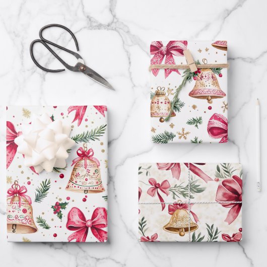 Roze Bogen Gouden Bellen Kerstmis Inpakpapier Vel (Voorkant)