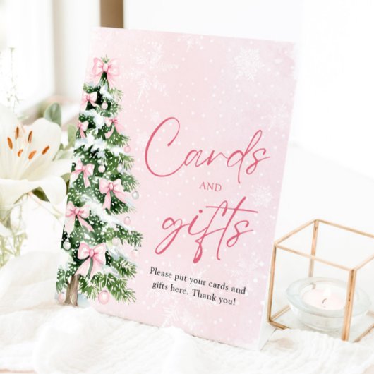 Roze Bogen Kerstboom Kaarten en Geschenken Teken Reclamebord Met Voetstuk