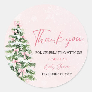 Roze Bogen Kerstboom Meisje Winter Baby shower Ronde Sticker