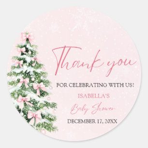 Roze Bogen Kerstboom Meisje Winter Baby shower Ronde Sticker