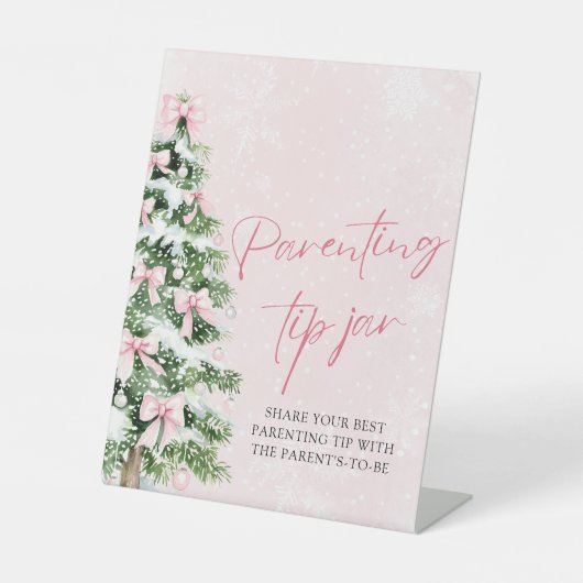 Roze Bogen Kerstboom Ouderschap Tip Jar Game Reclamebord Met Voetstuk (Voorkant)