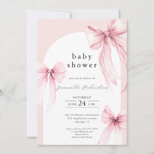 Roze bogen modern boogmeisje baby shower besprenke kaart (Voorkant)