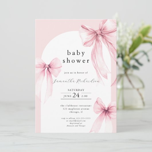 Roze bogen modern boogmeisje baby shower besprenke kaart (Staand voorkant)