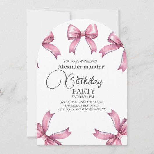 Roze Bogen Trendy Meisje Verjaardagsfeestje Kaart (Voorkant)