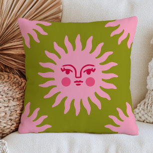 Roze Boheemse Zon Gezicht op Groene BOHO Chic Myst Kussen