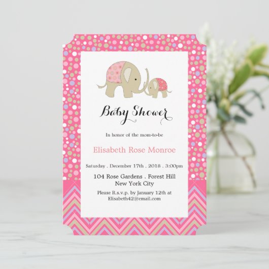 Roze Bohemen Elephant and Chevron Baby shower Kaart (Staand voorkant)