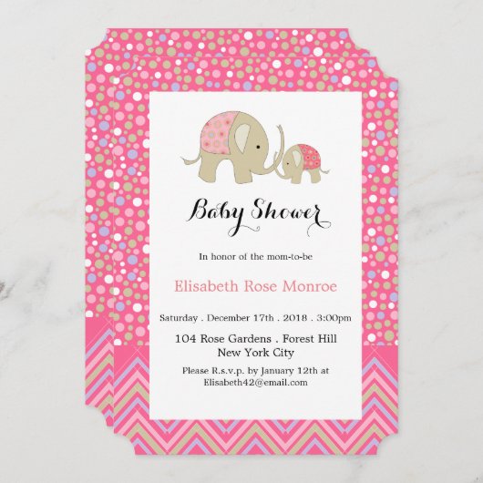 Roze Bohemen Elephant and Chevron Baby shower Kaart (Voorkant / Achterkant)