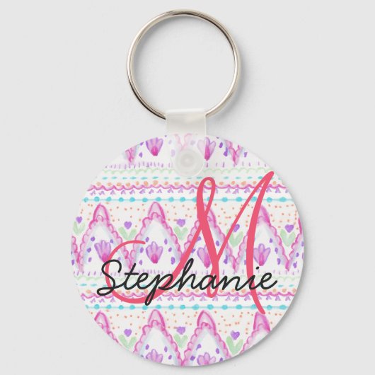 Roze Bohemen Waterverf Aztec Monogram Sleutelhanger (Voorkant)