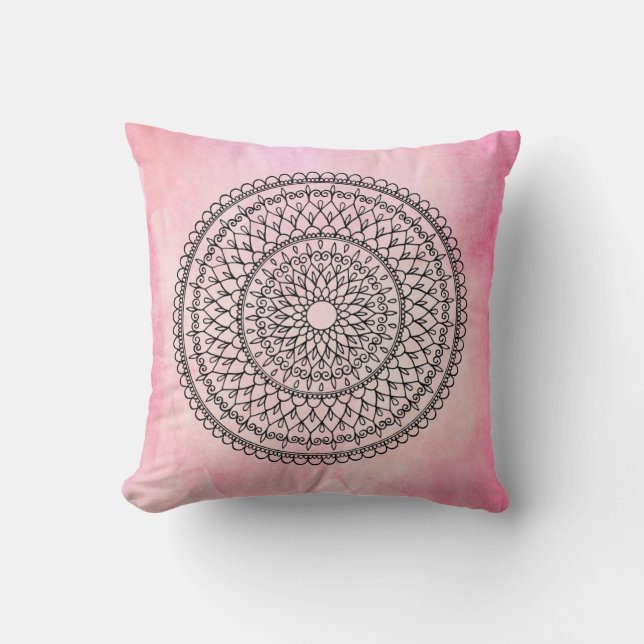 Roze Bohemen Waterverf Hand Drawn Mandala Flower Kussen (Voorkant)