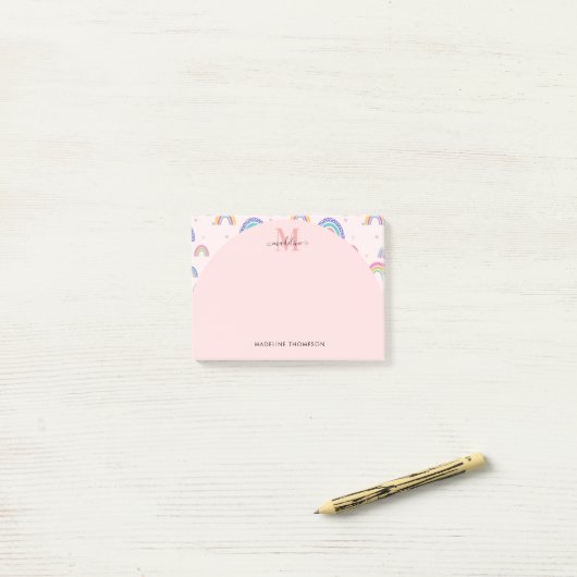 Roze Bohemian Rainbow Cute Monogram Post-it® Notes (Op bureau)