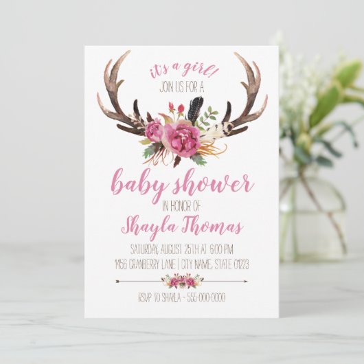 Roze Boho Antler Baby shower Uitnodiging (Staand voorkant)