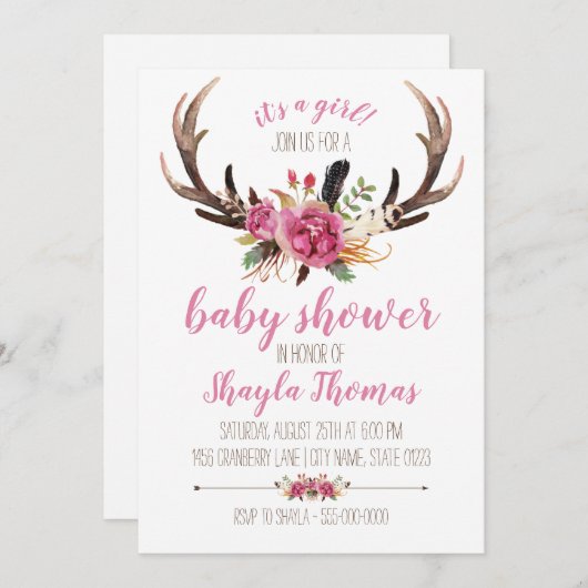 Roze Boho Antler Baby shower Uitnodiging (Voorkant / Achterkant)