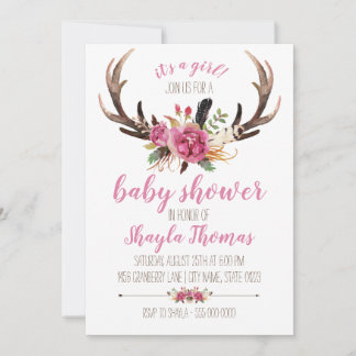 Roze Boho Antler Baby shower Uitnodiging