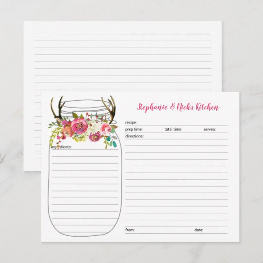 Roze Boho Antlers Mason Jar Pas getrouwd Recipe Ka Aankondigingskaart (Voorkant / Achterkant)