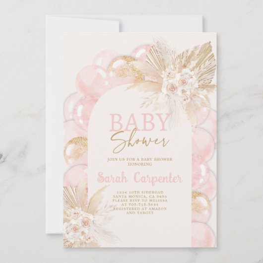 Roze Boho Arch Baby shower Girl Uitnodiging (Voorkant)