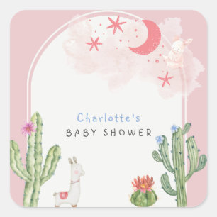 Roze Boho Arch Cactus Speelgoed Meisje Baby shower Vierkante Sticker