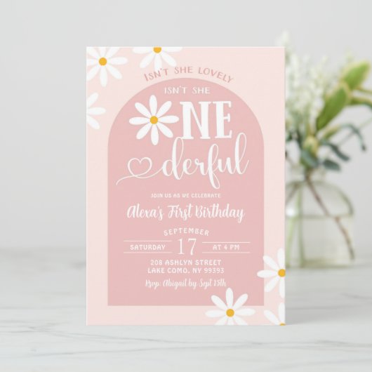 Roze Boho Arch Daisy Onederful Eerste Verjaardag Kaart (Staand voorkant)