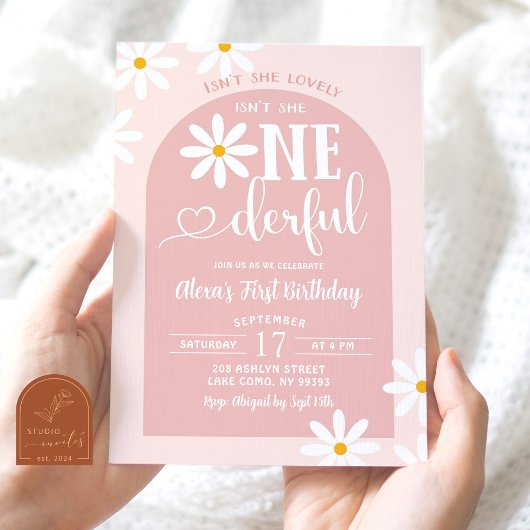 Roze Boho Arch Daisy Onederful Eerste Verjaardag Kaart