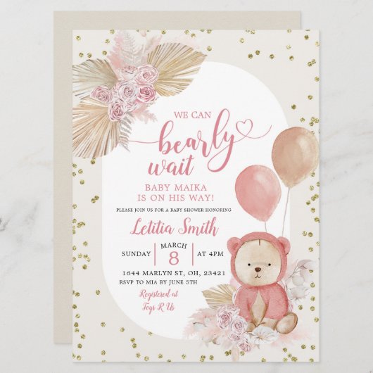 Roze Boho Barly Wait Girl Baby shower Invitation Kaart (Voorkant / Achterkant)
