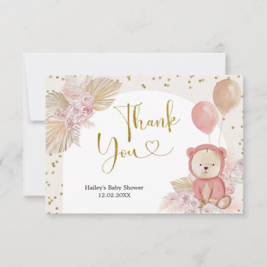 Roze Boho Beer Baby shower Hartelijk dank Bedankkaart (Voorkant)