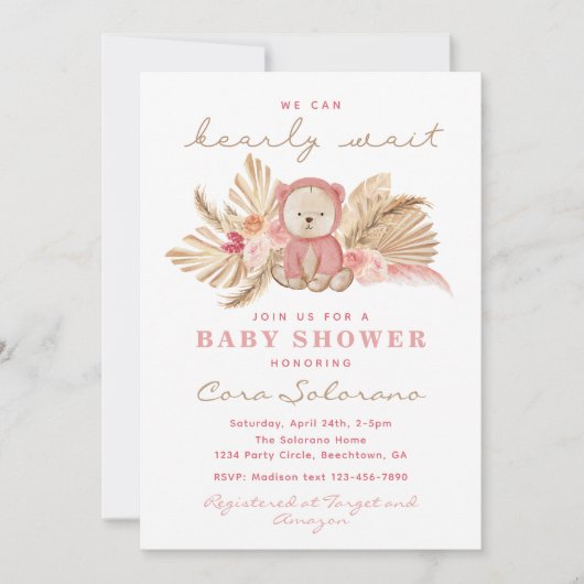 Roze Boho Beer Baby shower Uitnodiging | Bearly (Voorkant)