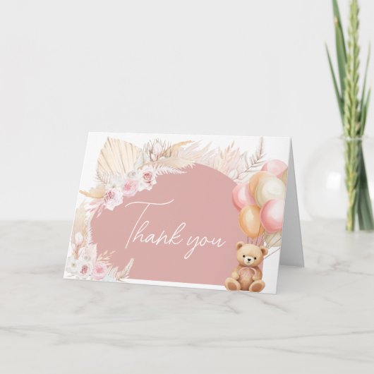 Roze Boho Beren ballon Baby shower Bedankkaart (Voorkant)