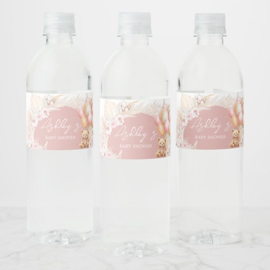 Roze Boho Beren ballon Baby shower Waterfles Etiket (Flessen)