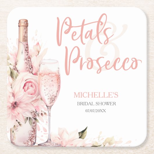 Roze Boho Bloemblaadjes en Prosecco Bloemen Kartonnen Onderzetters (Voorkant)
