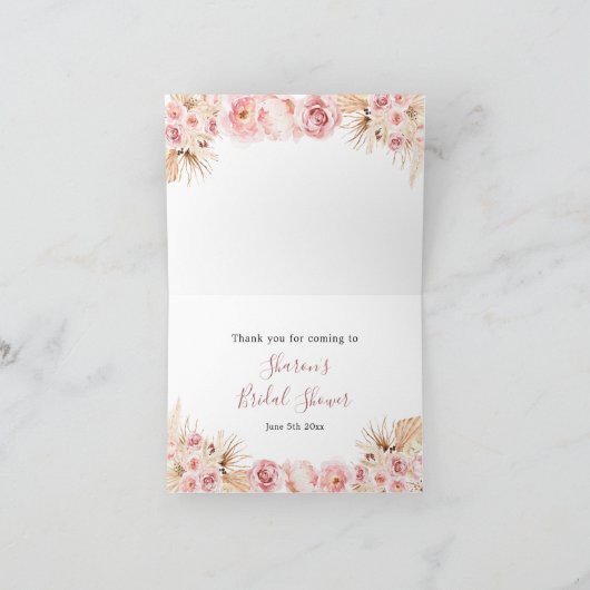 Roze Boho Bloemblaadjes en Prosecco Vouwkaart Bedankkaart (Binnen)