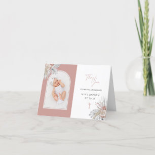 Roze Boho Bloemen Doop Gevouwen Boog Foto Collage Bedankkaart