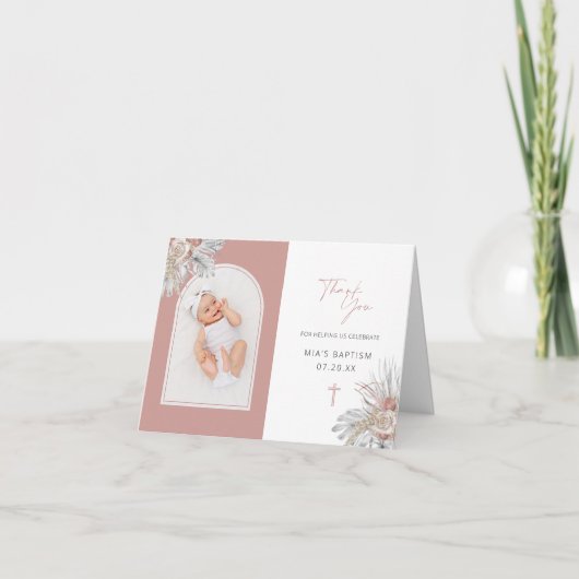 Roze Boho Bloemen Doop Gevouwen Boog Foto Collage Bedankkaart (Voorkant)